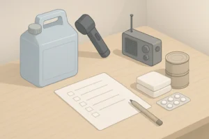Neat tabletop layout of simple home emergency preparedness items