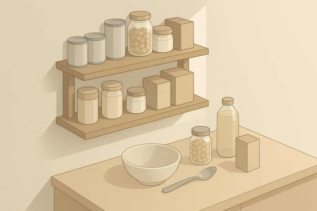 Isometric pantry shelf with simple no-cook emergency foods