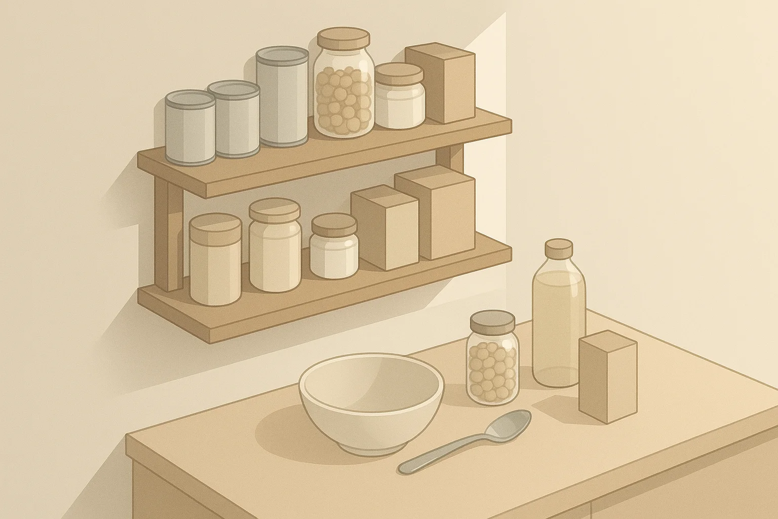 Isometric pantry shelf with simple no-cook emergency foods