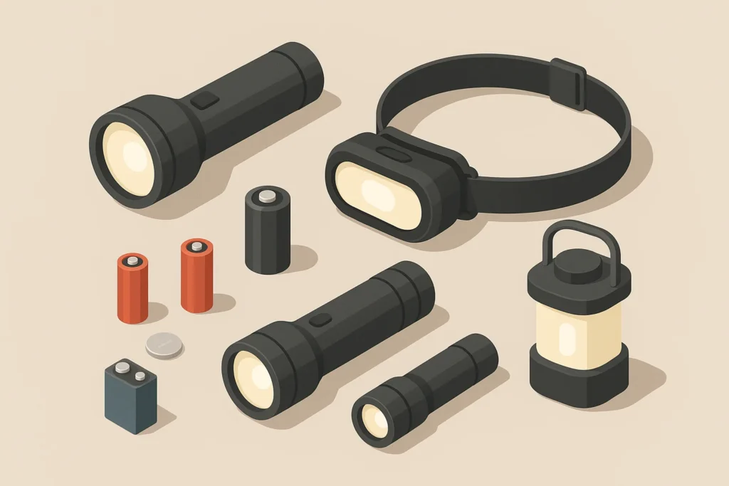 Isometric illustration of flashlights lantern and batteries on table