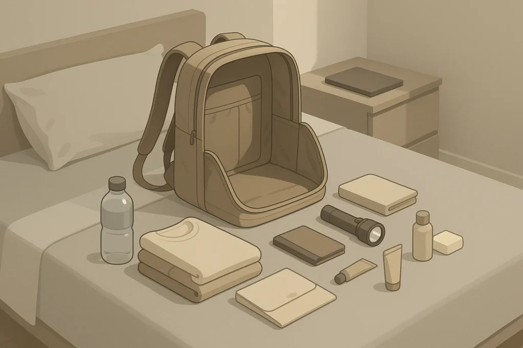 Isometric illustration of an organized go-bag on a bed