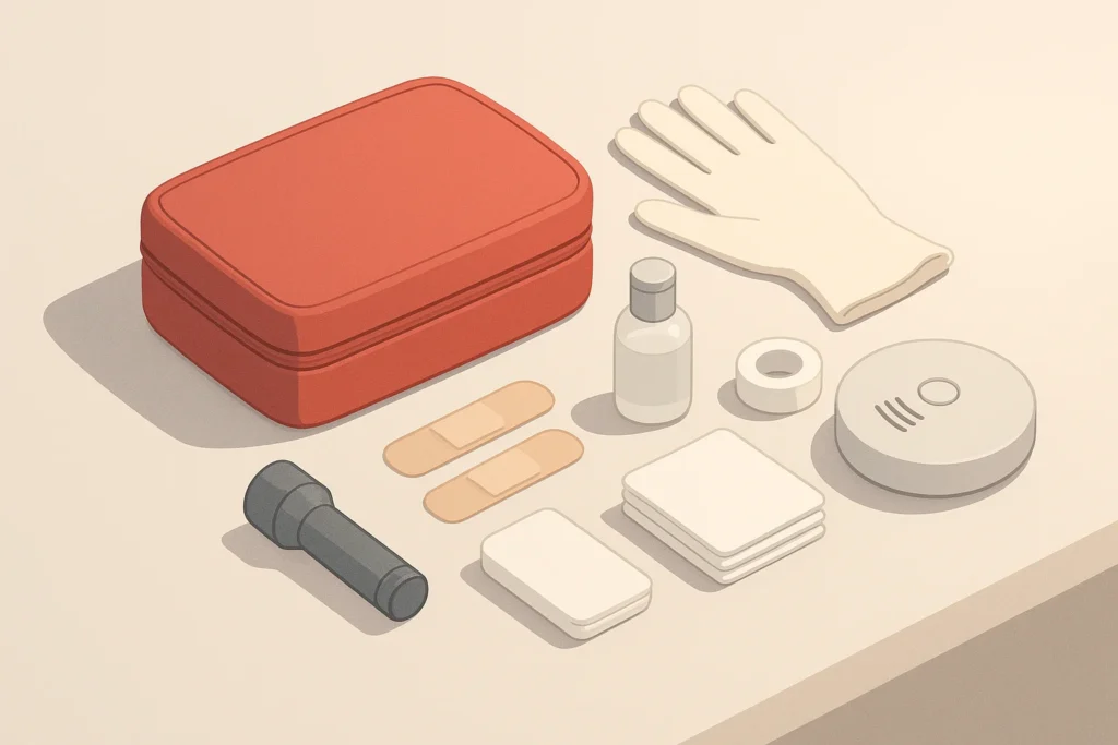 Organized home first aid supplies neatly arranged on table