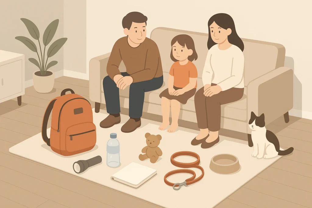 Family emergency kit with child and pet essentials