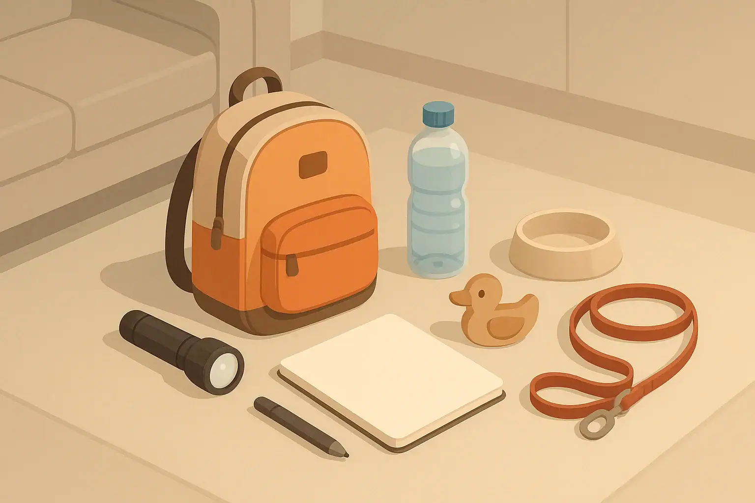 Family emergency kit with kids and pet essentials on floor