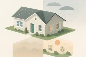Isometric home scene with multiple seasonal weather scenarios