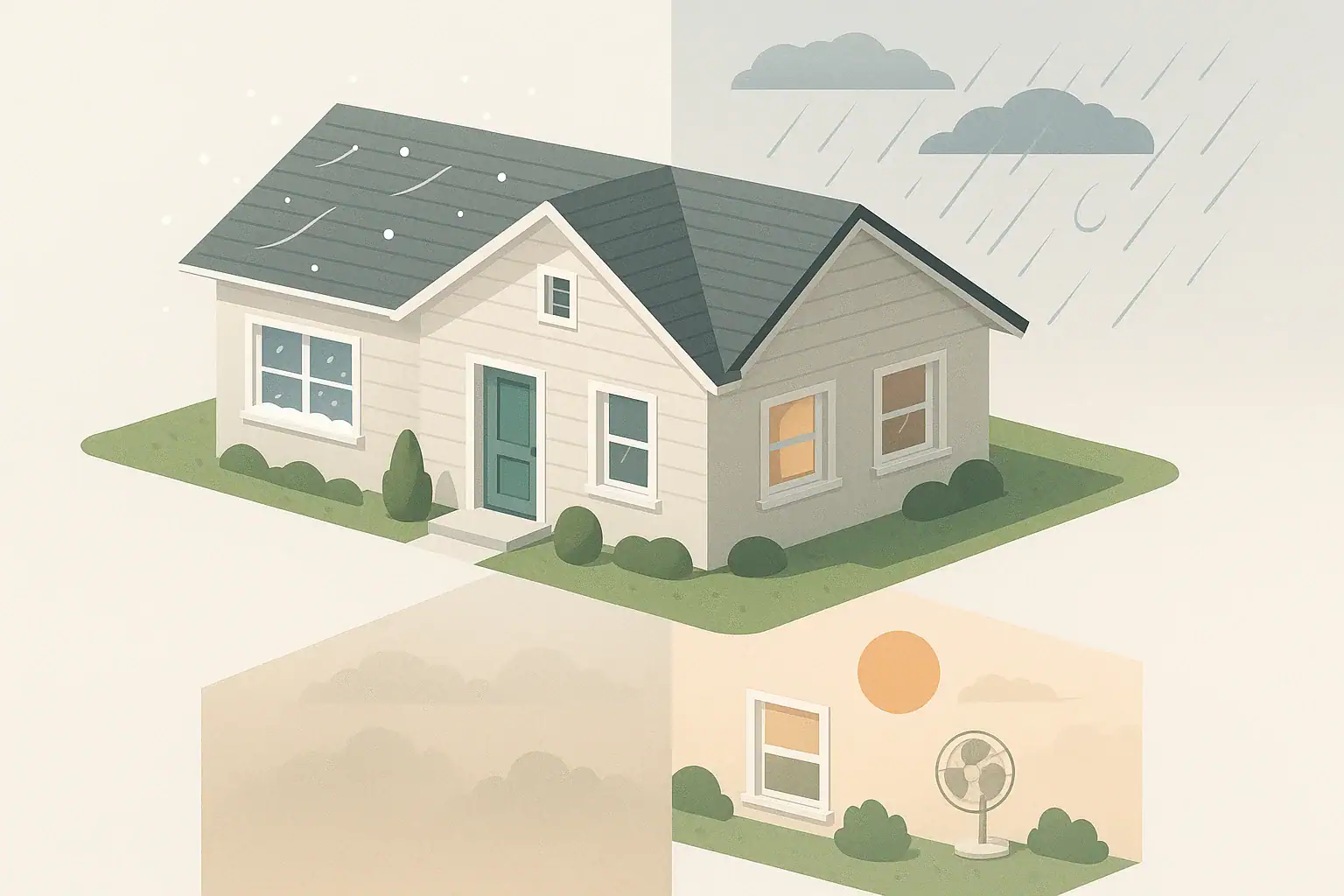 Isometric home scene with multiple seasonal weather scenarios