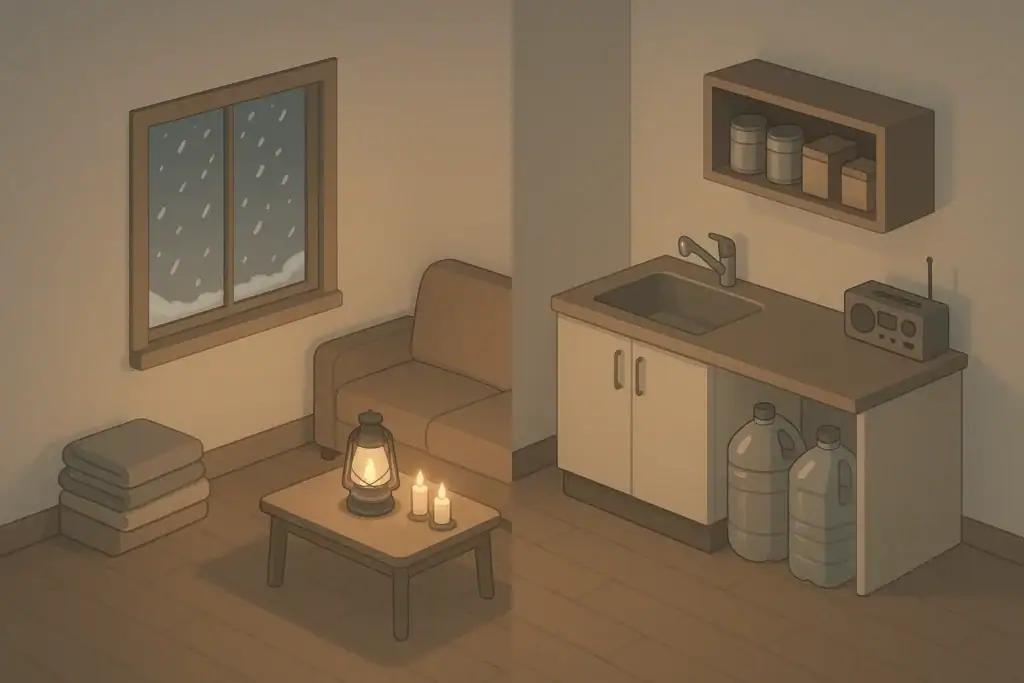 Apartment winter storm scene with emergency supplies and water