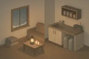 Apartment winter storm scene with emergency supplies and water