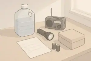 Tabletop layout of simple home emergency readiness items