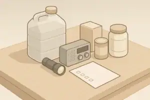 Tabletop layout of simple home emergency readiness supplies