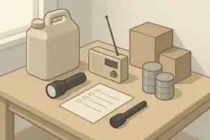 Tabletop layout of simple home emergency readiness supplies