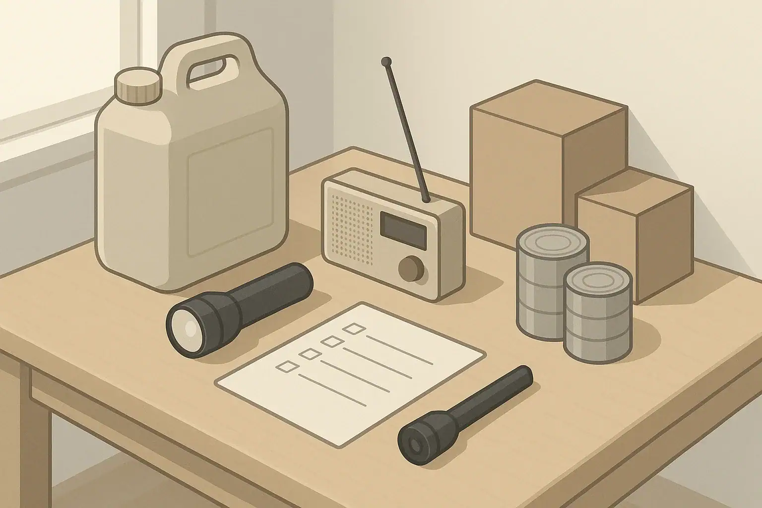 Tabletop layout of simple home emergency readiness supplies