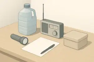 Tabletop layout of basic home emergency preparedness items