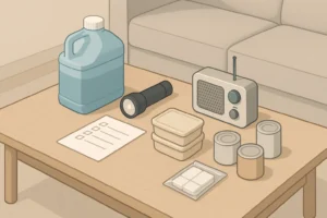 organized tabletop with simple home emergency essentials