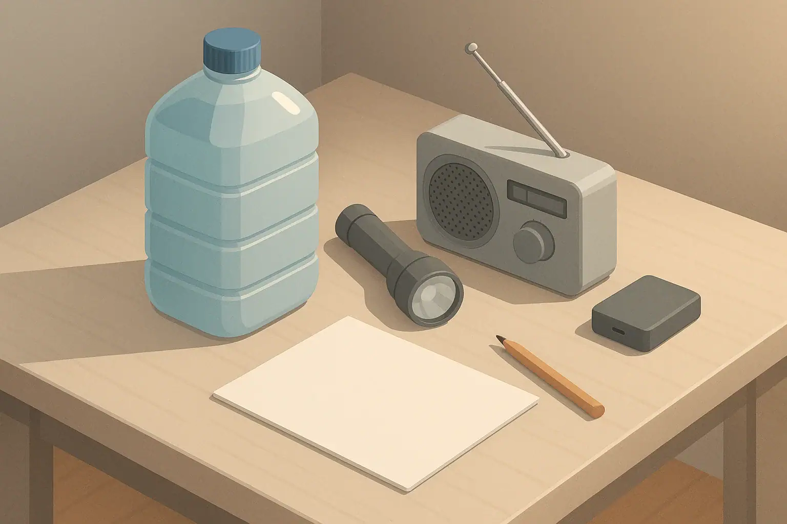 Tabletop layout of simple renter preparedness essentials