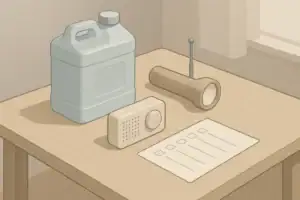 Small apartment emergency kit neatly arranged on table