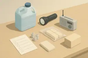 Tabletop layout of simple home emergency preparedness items