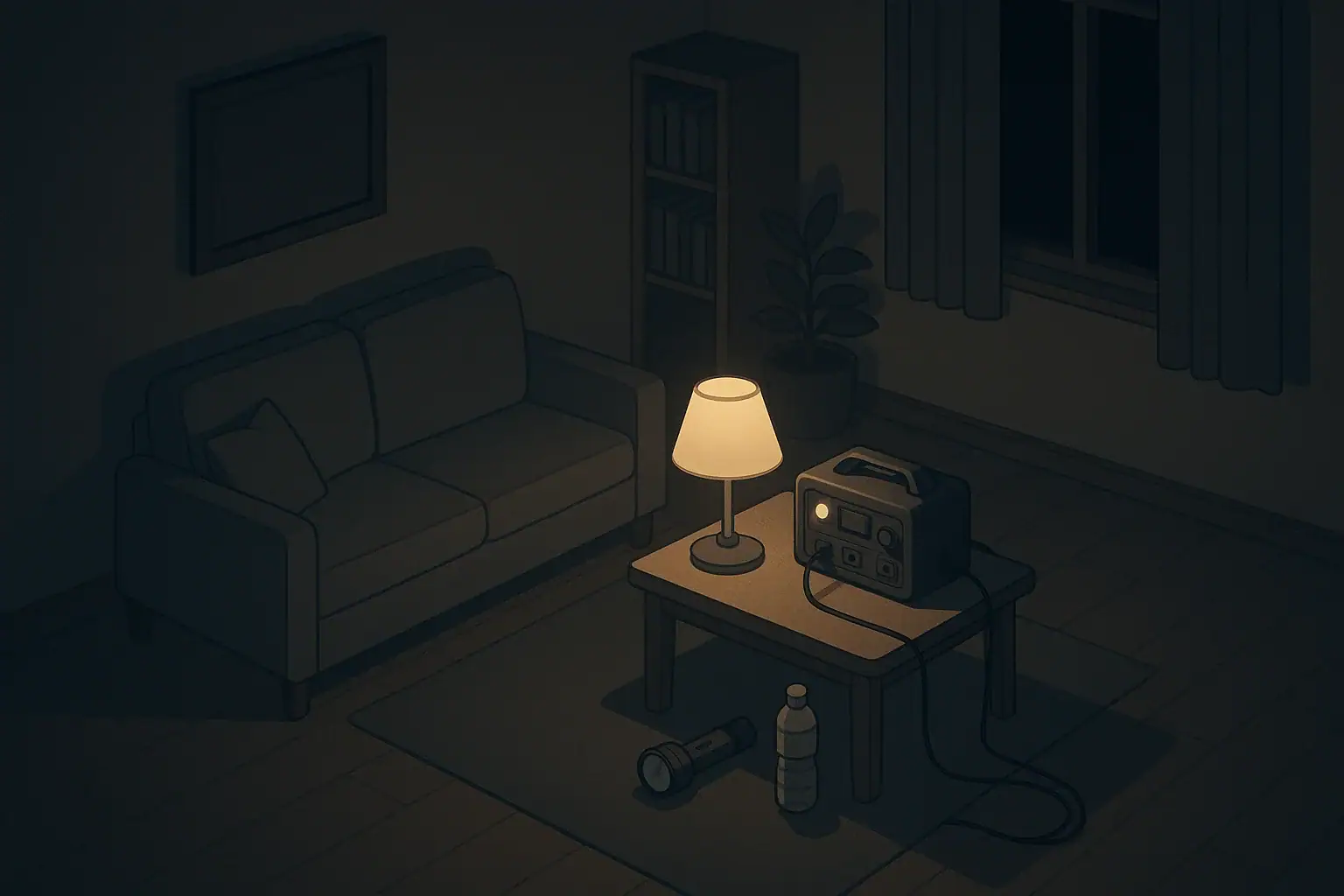 Isometric living room scene during a calm home blackout