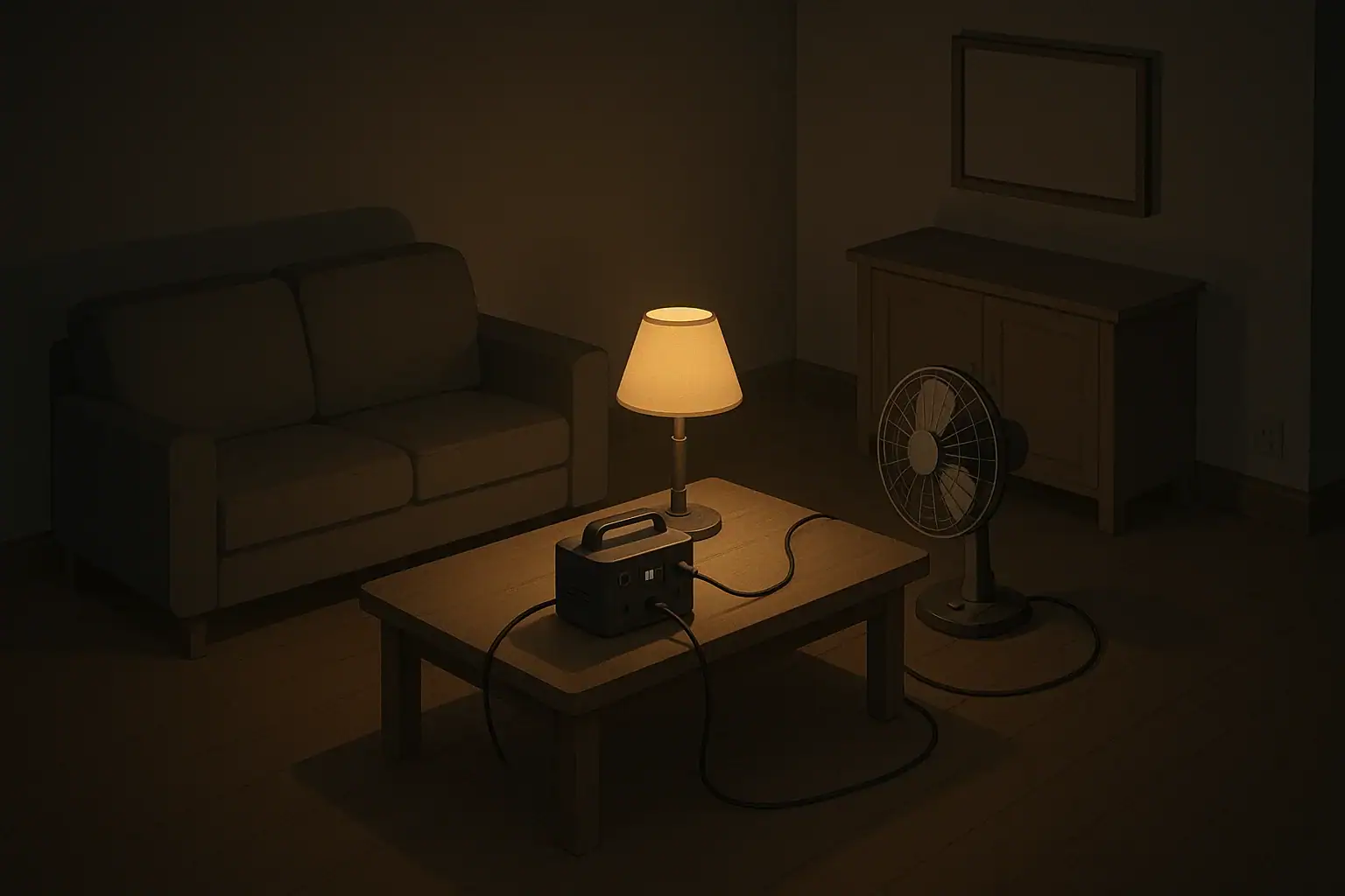 Isometric living room using backup power during blackout