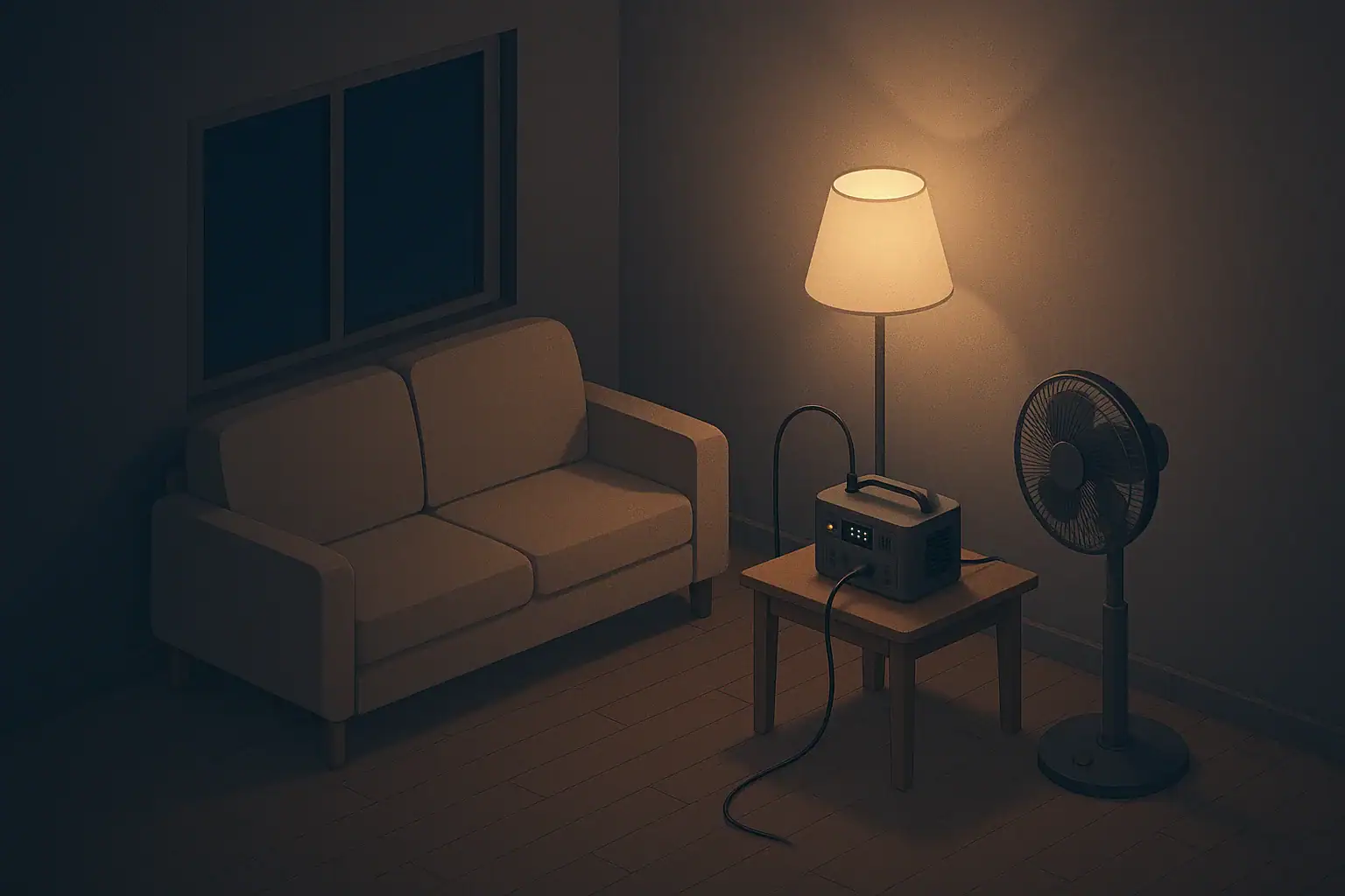 Calm living room using backup power during home blackout