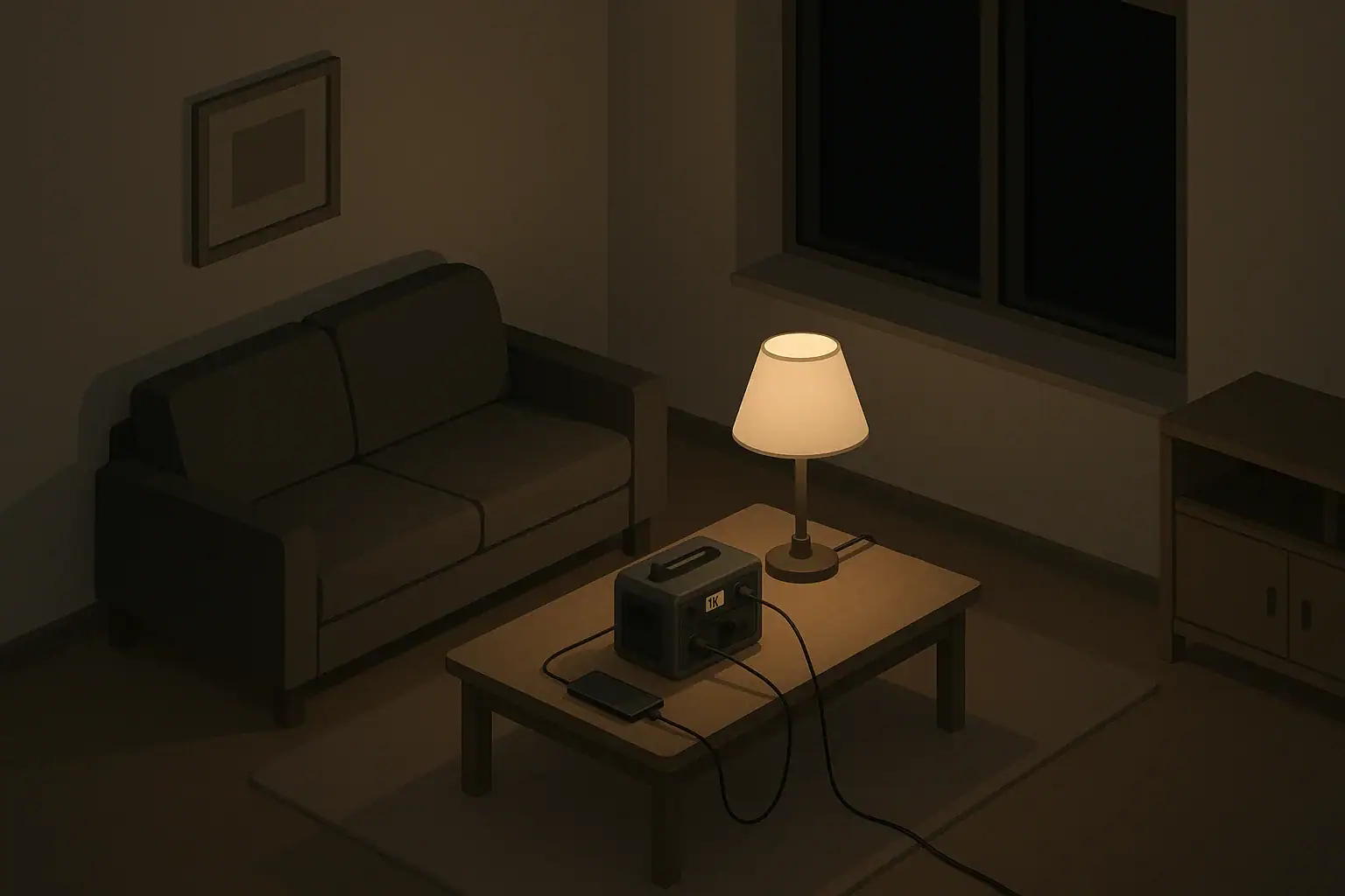 Calm living room scene with phone charging from backup power