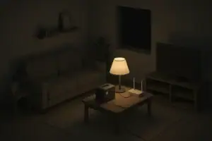 Living room scene with backup power station and wifi router