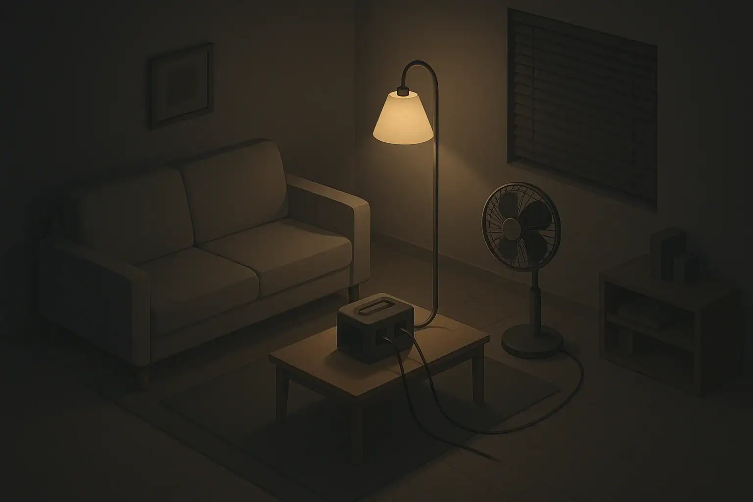 Isometric living room with small power station during blackout