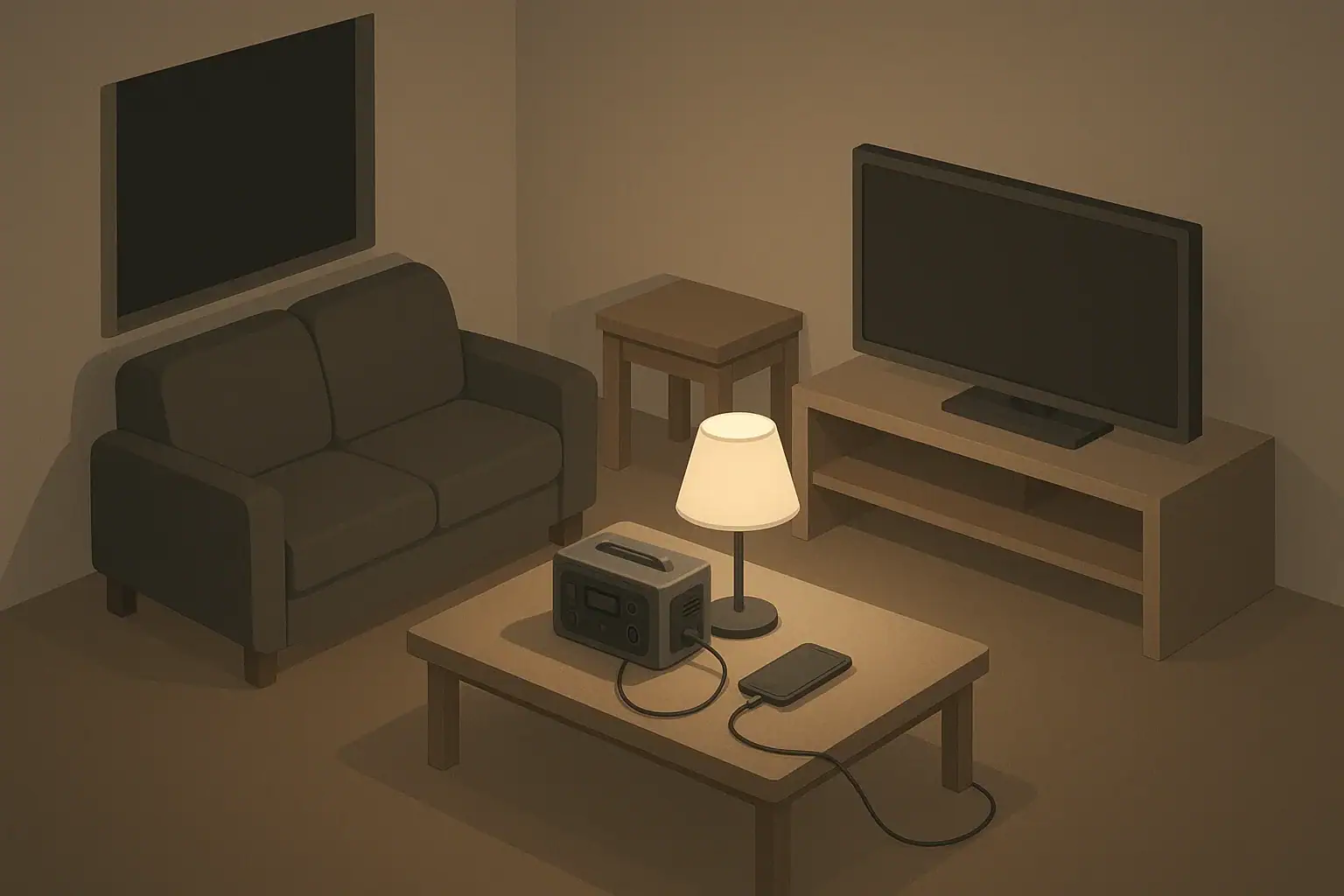 Apartment living room using small backup power during blackout