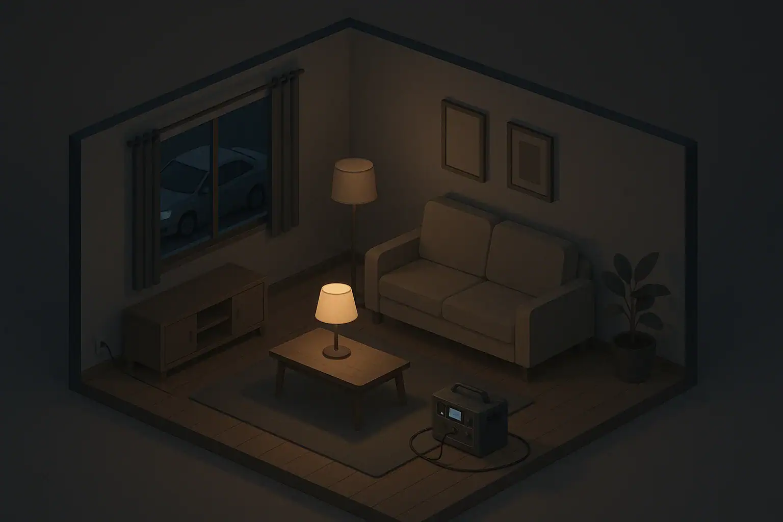 Isometric living room using backup power during blackout