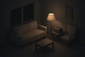 Isometric living room using a small power station during blackout