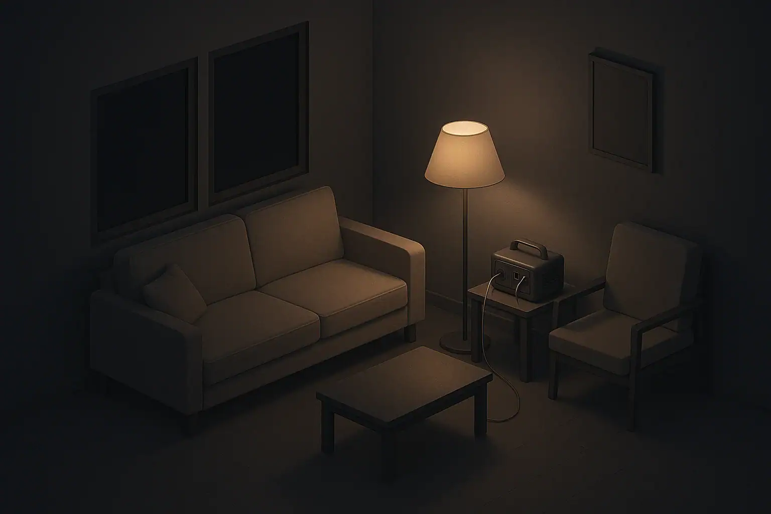 Isometric living room using a small power station during blackout