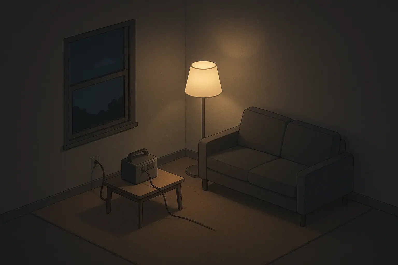 Calm living room using backup power station during blackout