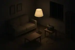 Living room scene powered by small backup station during blackout