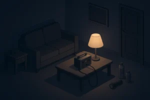 Apartment living room in a calm nighttime power outage