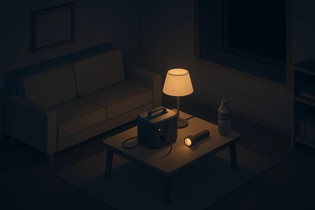 Apartment living room scene during calm nighttime blackout