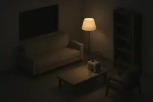 Living room backup power station running a lamp at night