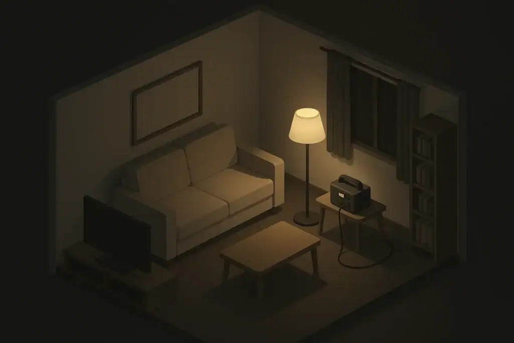 Calm living room using small backup power station during outage