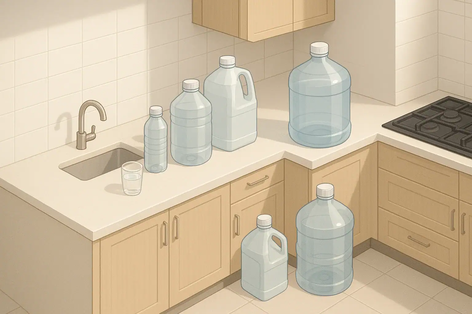 Neat kitchen scene with several water storage containers