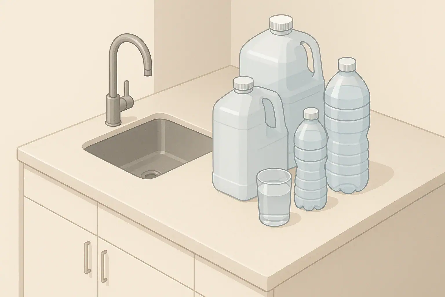 Isometric kitchen scene with water containers and glass