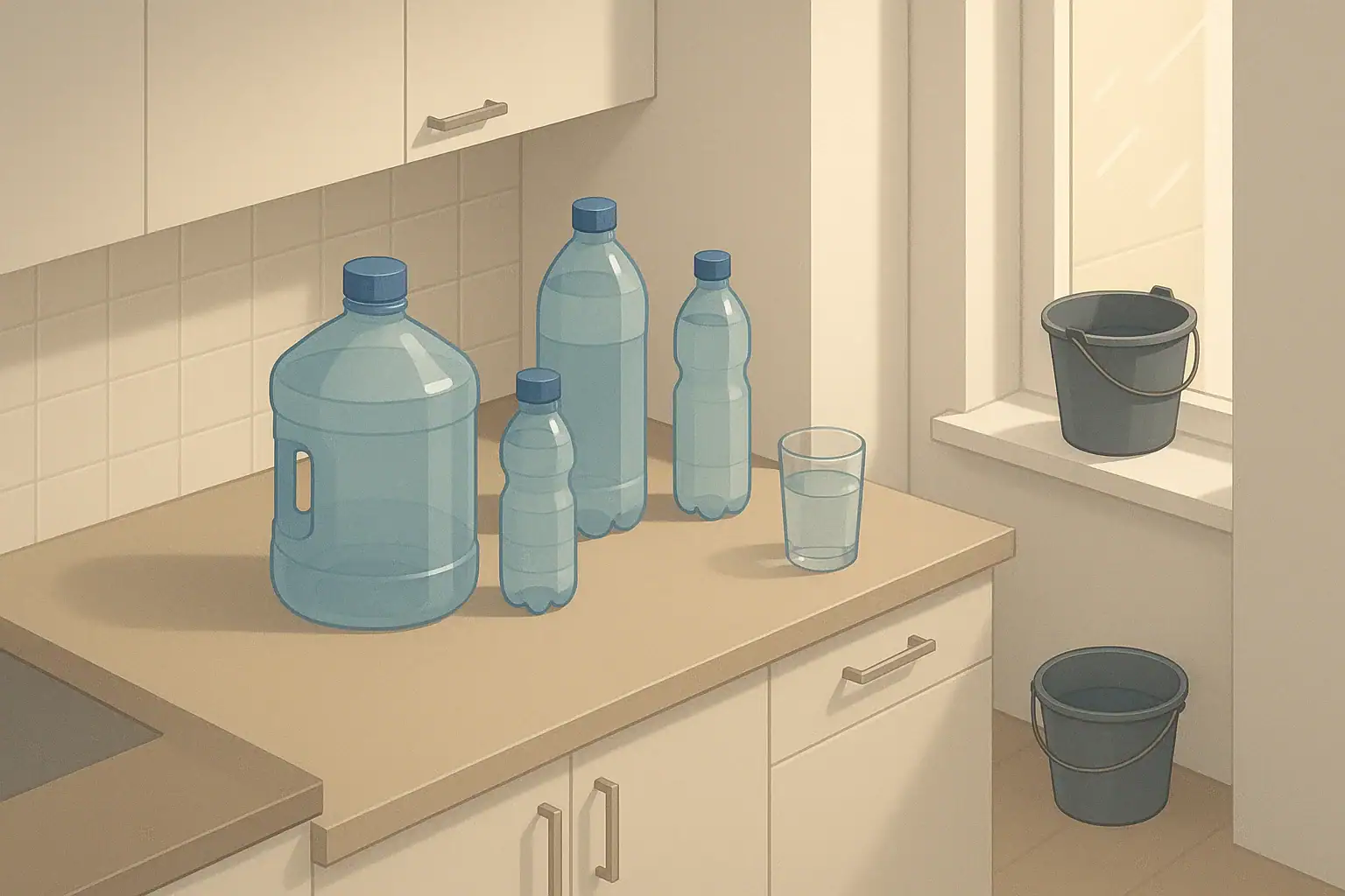 Kitchen scene with emergency water containers and rain bucket
