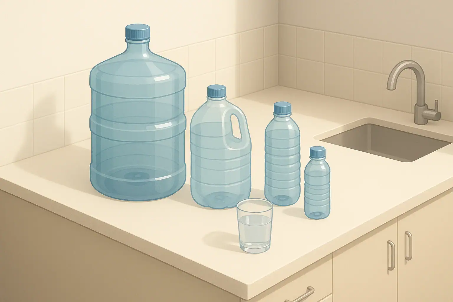 Isometric kitchen scene with multiple water storage containers