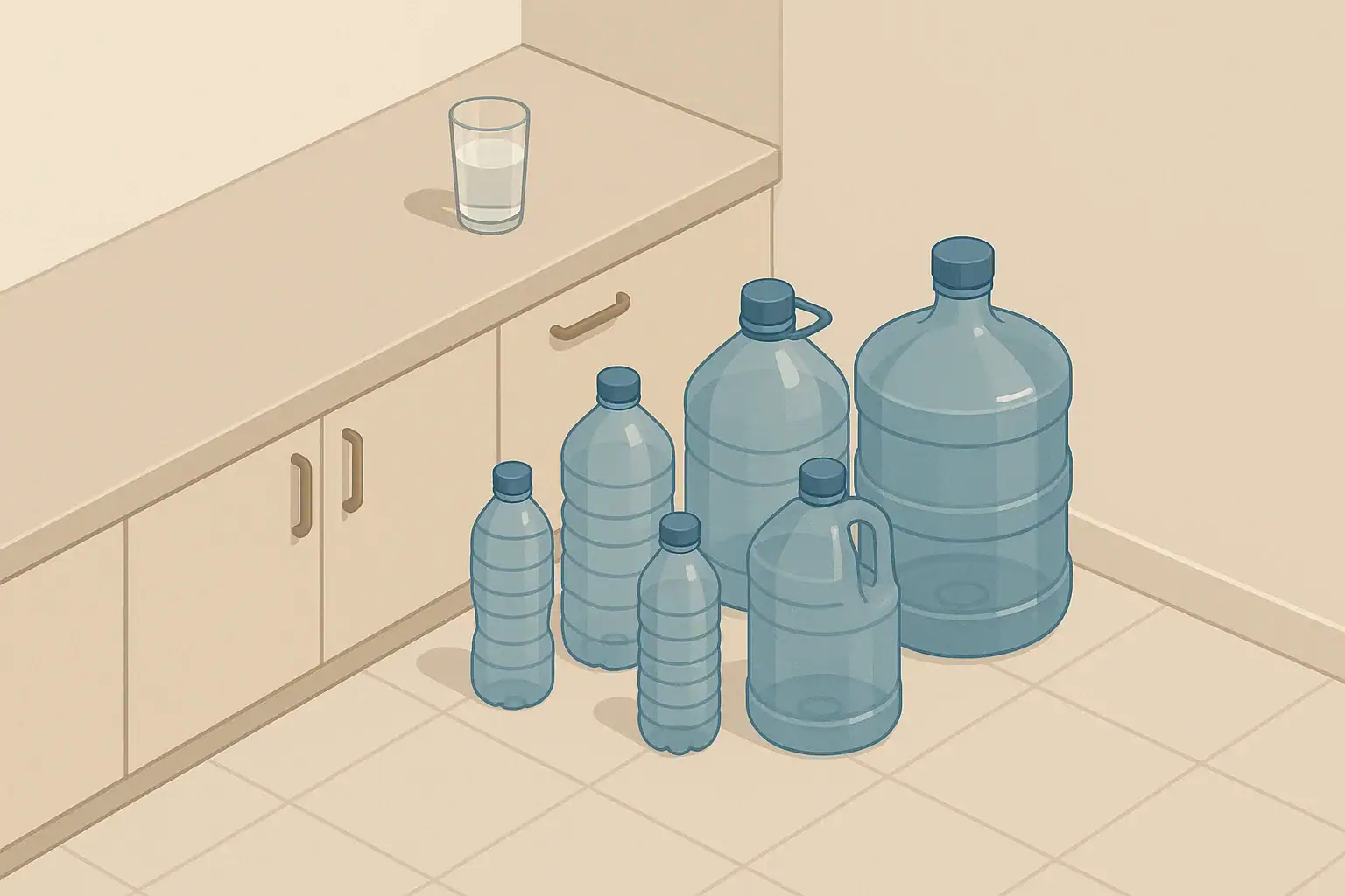 Kitchen corner with organized home water storage containers