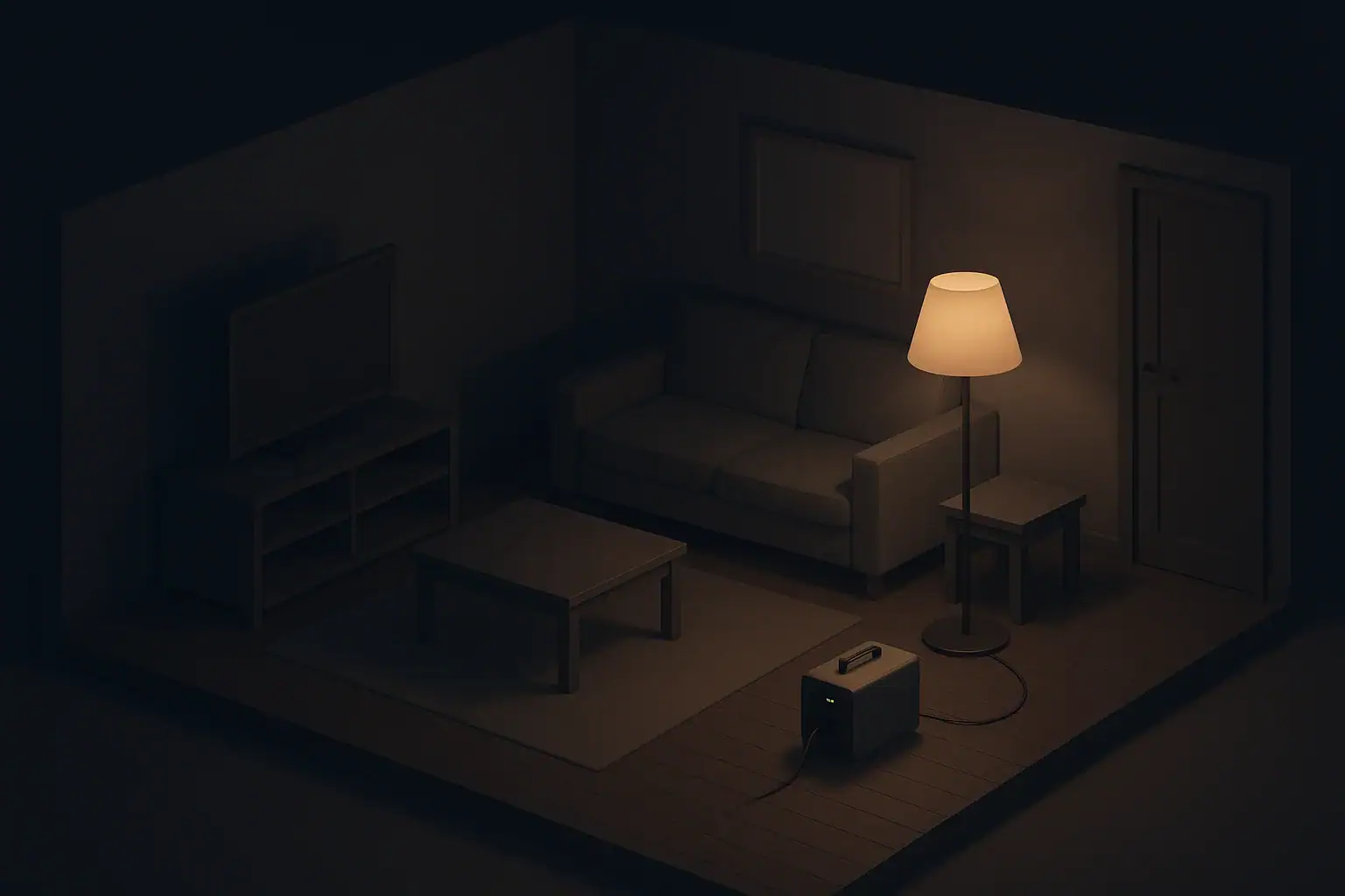 Living room scene powered by small backup station during blackout