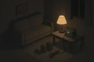Living room during blackout with batteries and backup light
