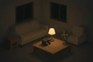 Living room scene with small backup power station running a lamp