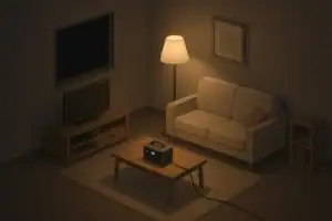 Living room using a small backup power station during blackout