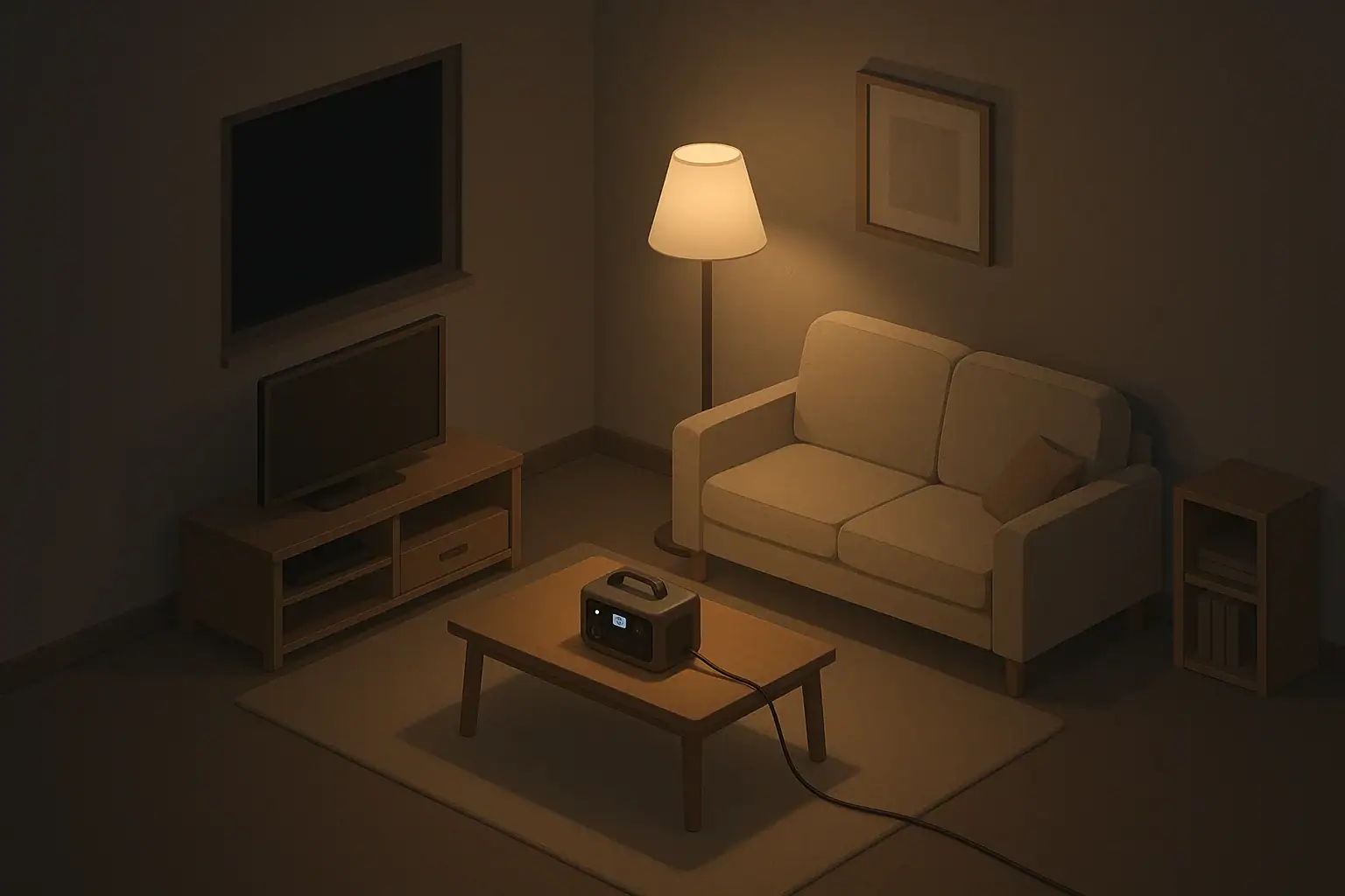 Living room using a small backup power station during blackout