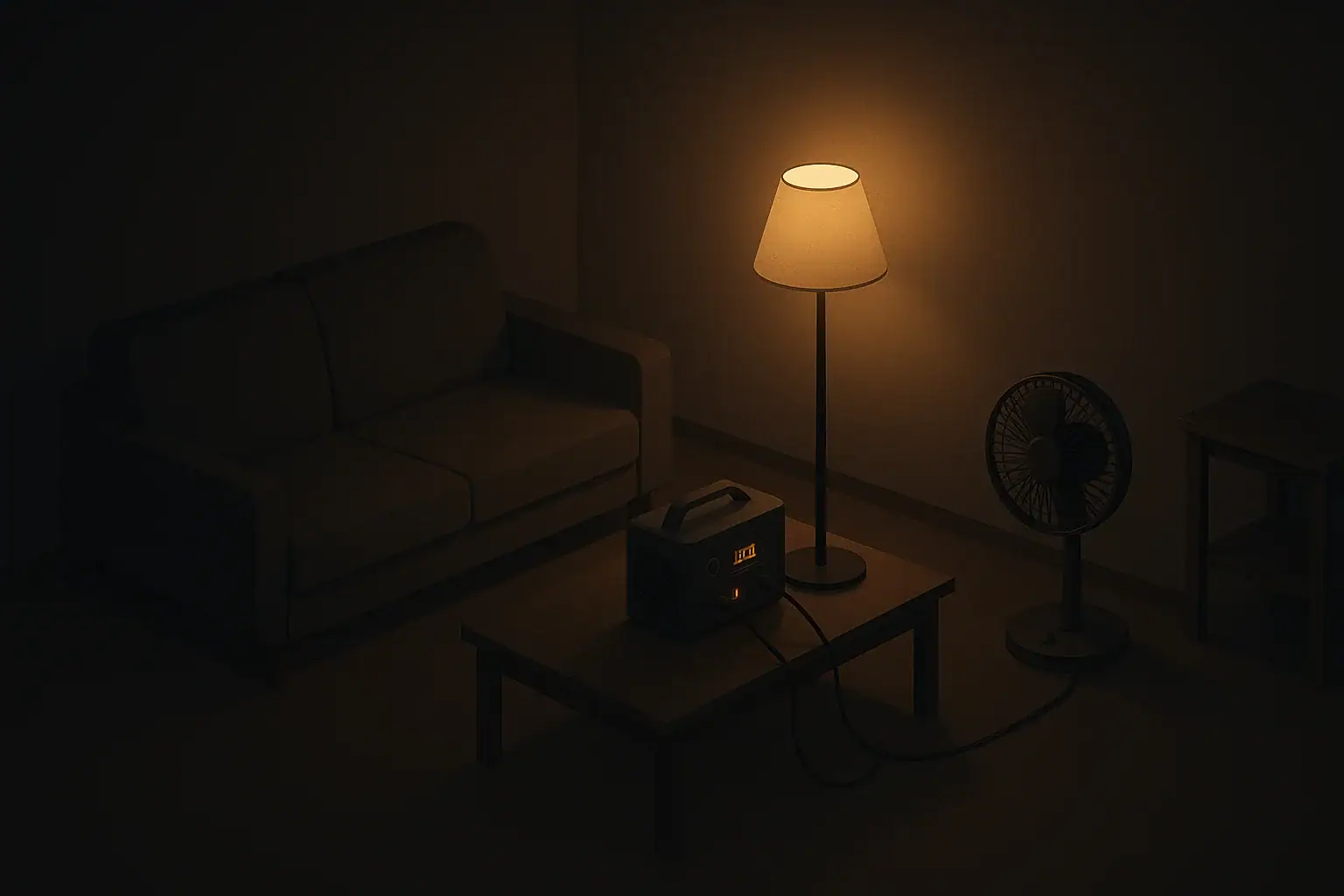 Calm living room scene during a home power outage