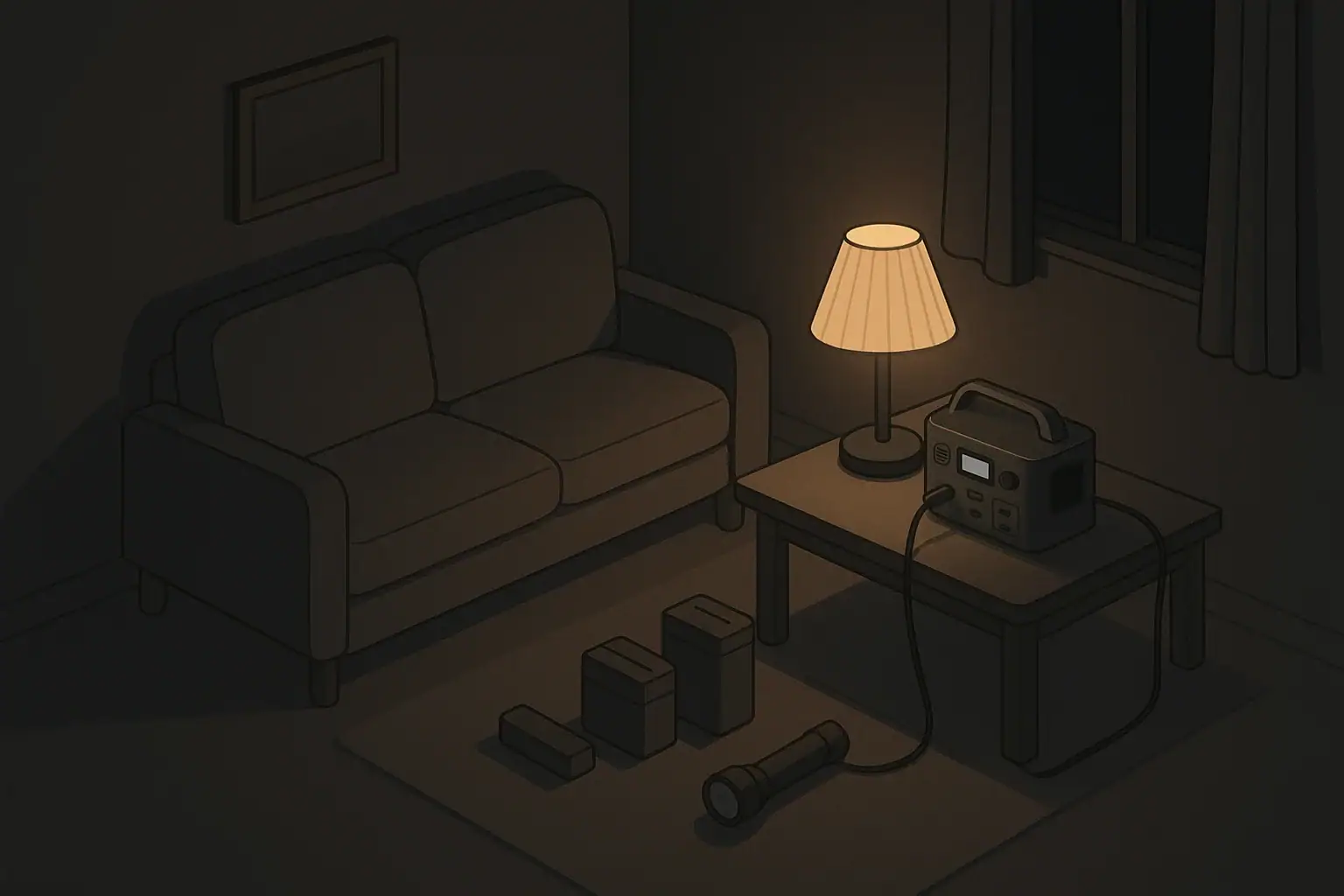 Living room during blackout with batteries and backup light