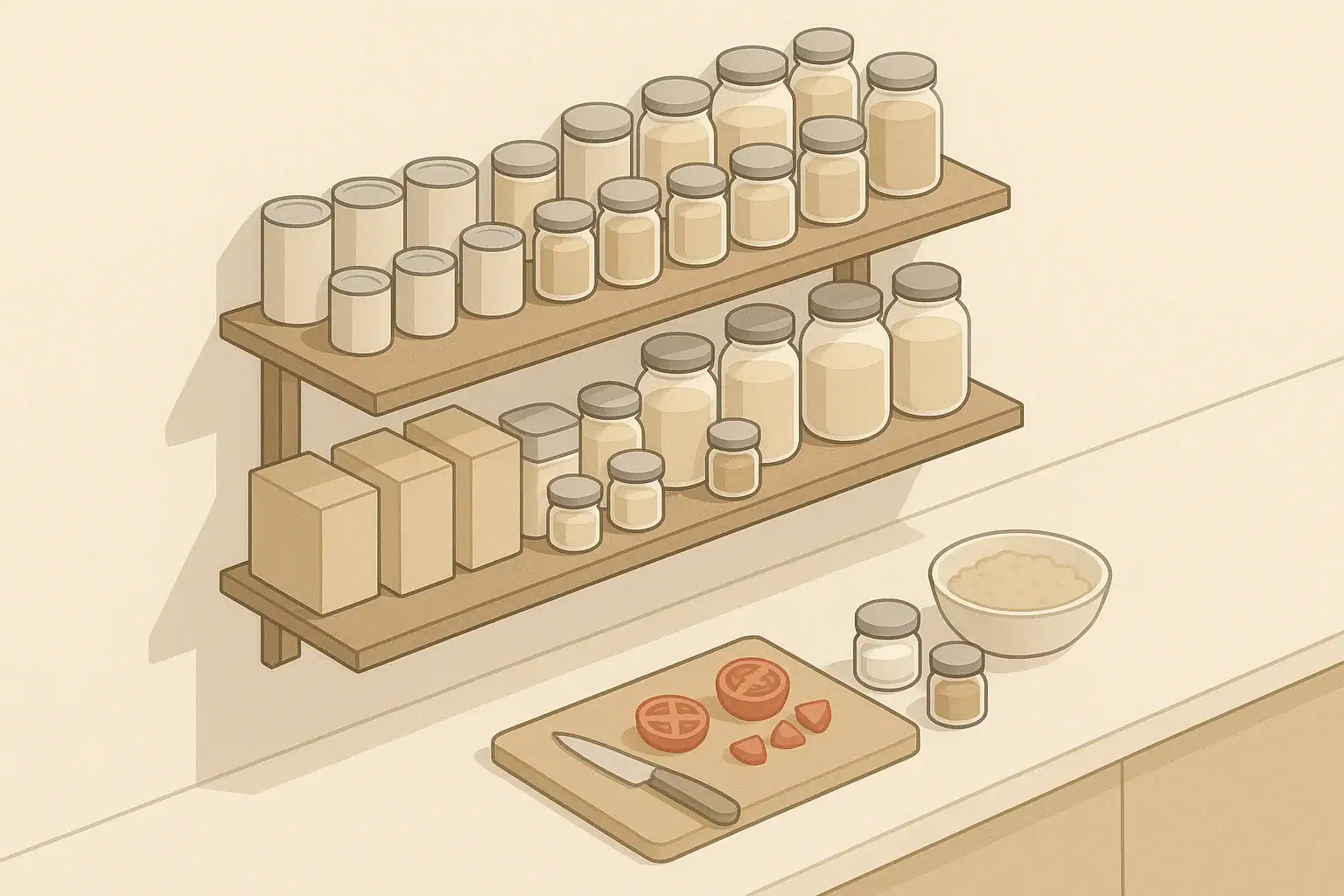 Organized home pantry shelves with dated canned and dry foods